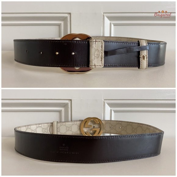 Authentic Gucci Cream Guccissima Leather Gold Interlocking G Buckle Belt 85/34 - Picture 6 of 13